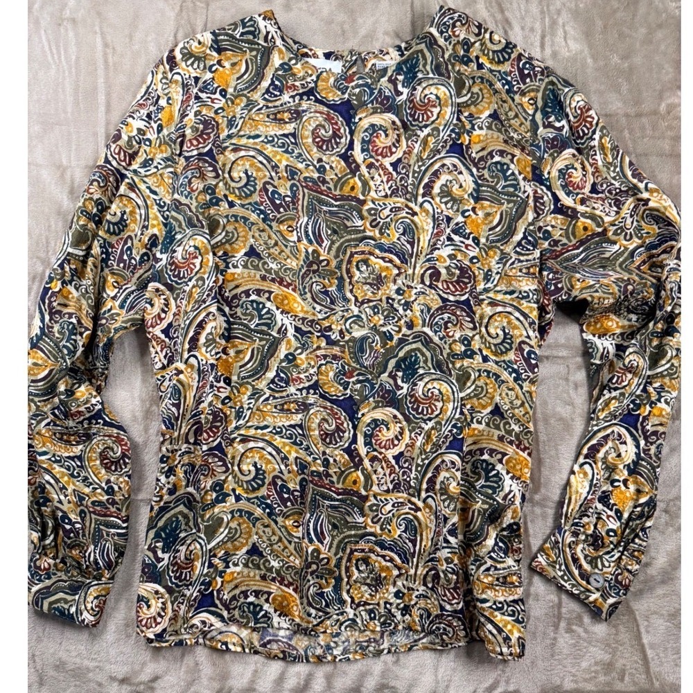 Galinda Vintage 100% Silk Paisley Print Long‎ Sleeve Blouse M Boho Grandmacore